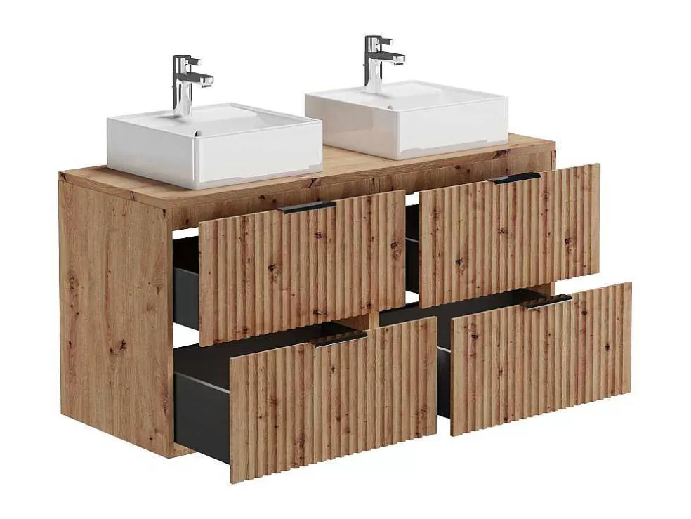Vente-unique Móvel De Casa De Banho Suspenso Estriado Com Lavatório De Pousar Natural Claro C120 Cm - Zevara* Móvel Lavatório Duplo