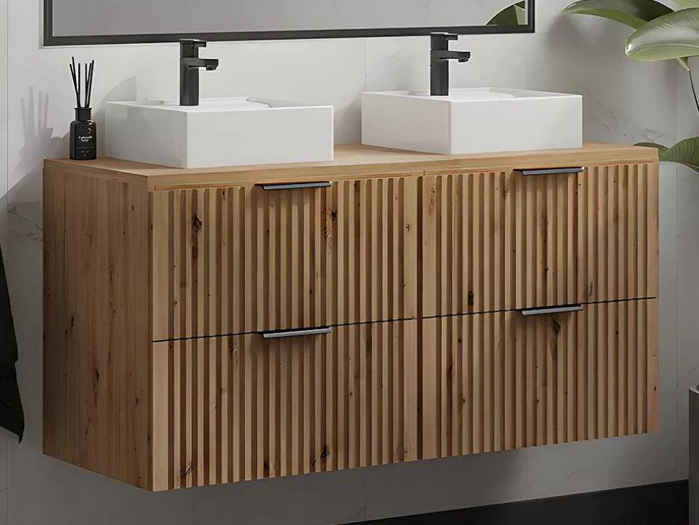 Vente-unique Móvel De Casa De Banho Suspenso Estriado Com Lavatório De Pousar Natural Claro C120 Cm - Zevara* Móvel Lavatório Duplo