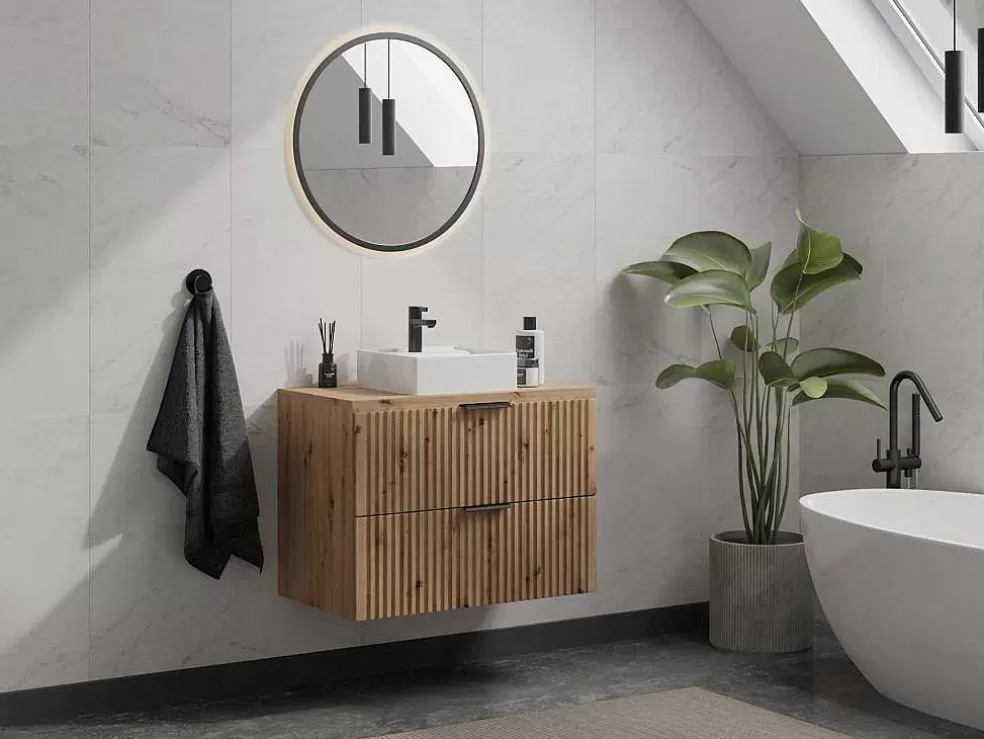 Vente-unique Móvel De Casa De Banho Suspenso Estriado Com Lavatório De Pousar, Natural Claro, L80 Cm - Zevara* Móvel Lavatório Individual