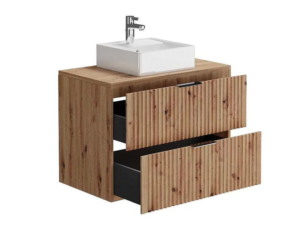 Vente-unique Móvel De Casa De Banho Suspenso Estriado Com Lavatório De Pousar, Natural Claro, L80 Cm - Zevara* Móvel Lavatório Individual