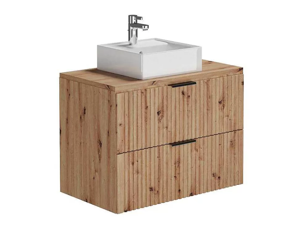 Vente-unique Móvel De Casa De Banho Suspenso Estriado Com Lavatório De Pousar, Natural Claro, L80 Cm - Zevara* Móvel Lavatório Individual