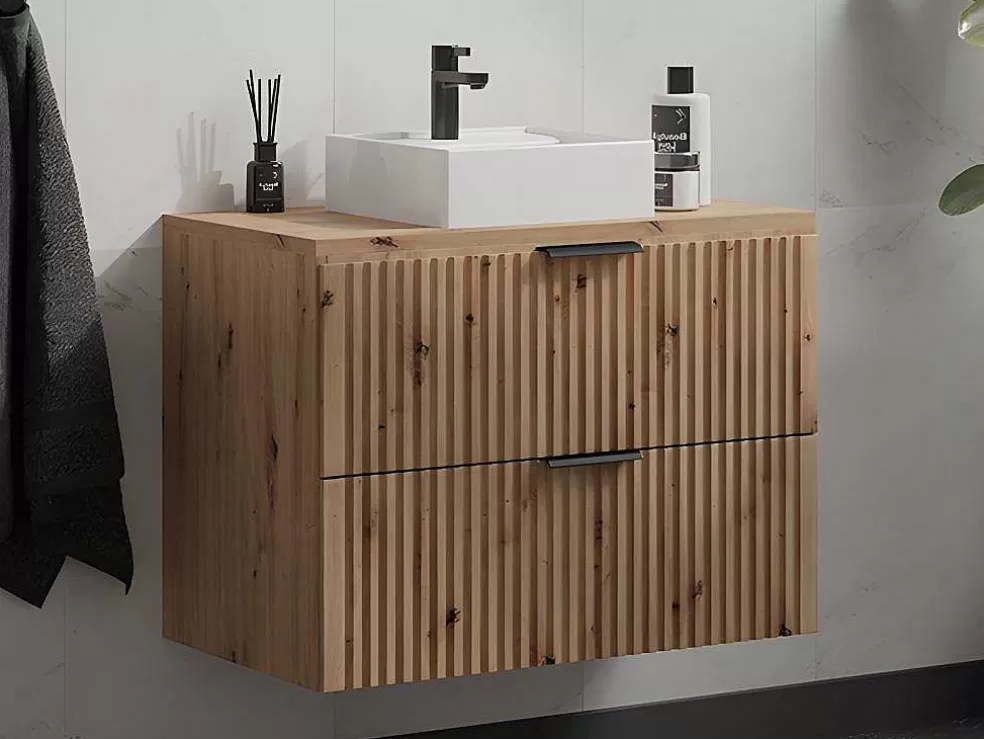 Vente-unique Móvel De Casa De Banho Suspenso Estriado Com Lavatório De Pousar, Natural Claro, L80 Cm - Zevara* Móvel Lavatório Individual