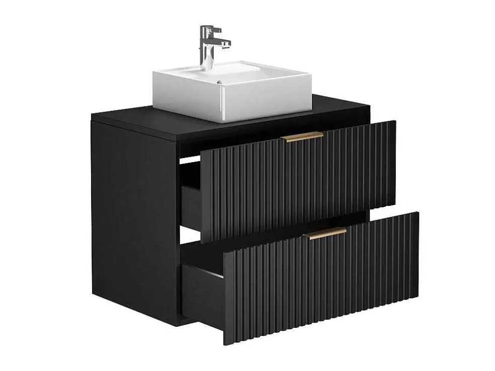 Vente-unique Móvel De Casa De Banho Suspenso Estriado Com Lavatório De Pousar Preto 80 Cm - Zevara* Móvel Lavatório Individual