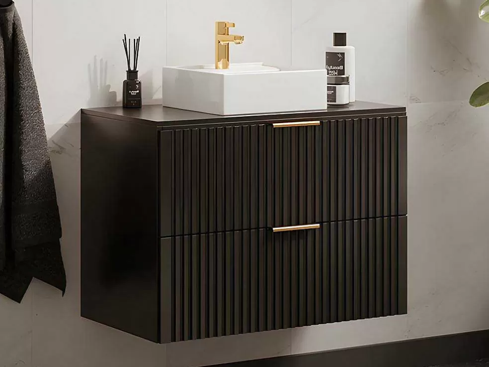 Vente-unique Móvel De Casa De Banho Suspenso Estriado Com Lavatório De Pousar Preto 80 Cm - Zevara* Móvel Lavatório Individual