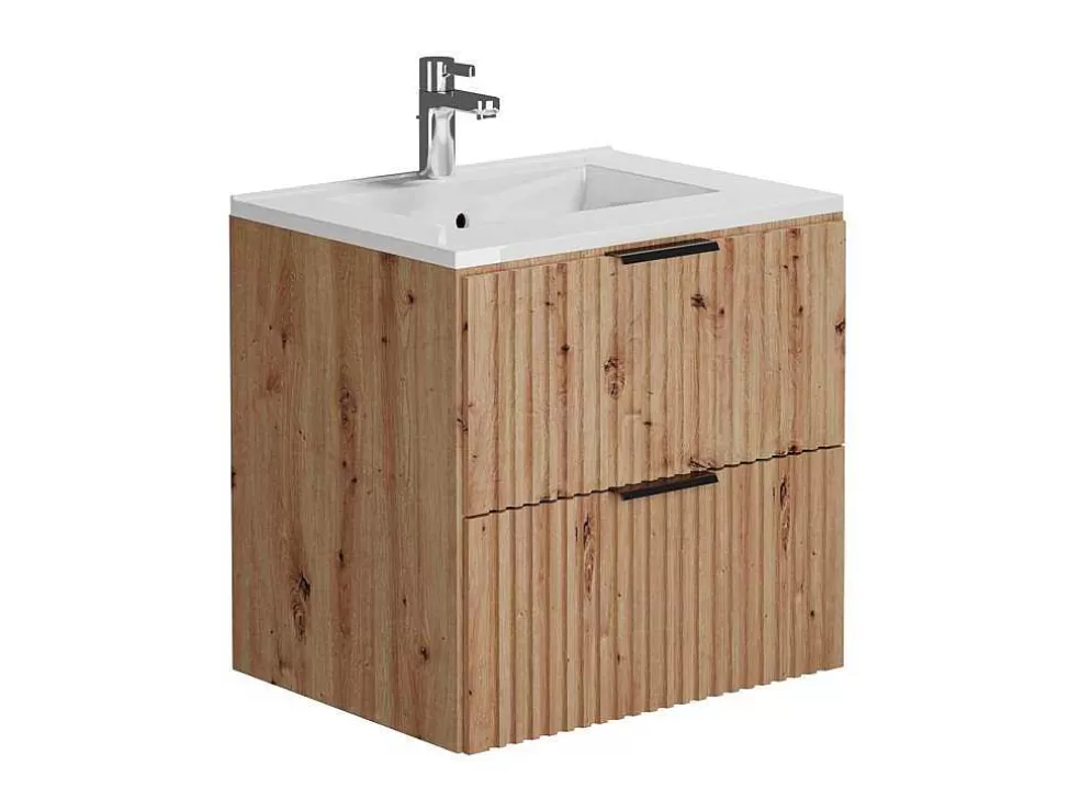 Vente-unique Móvel De Casa De Banho Suspenso Estriado Com Lavatório Embutido, Natural Claro, L60 Cm - Zevara* Móvel Lavatório Individual