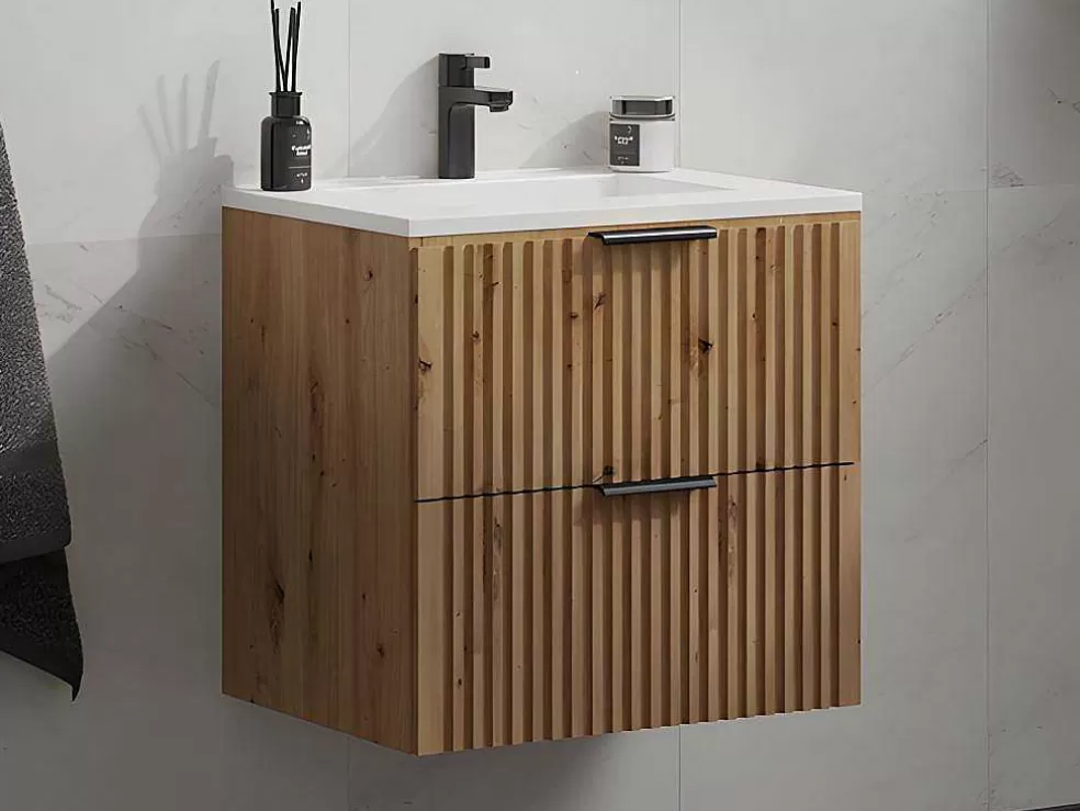Vente-unique Móvel De Casa De Banho Suspenso Estriado Com Lavatório Embutido, Natural Claro, L60 Cm - Zevara* Móvel Lavatório Individual