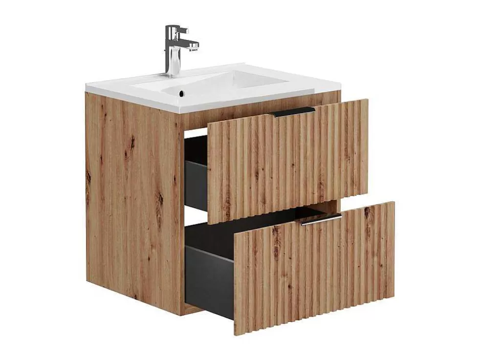 Vente-unique Móvel De Casa De Banho Suspenso Estriado Com Lavatório Embutido, Natural Claro, L60 Cm - Zevara* Móvel Lavatório Individual