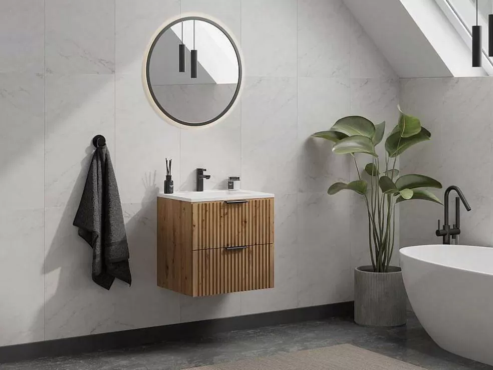 Vente-unique Móvel De Casa De Banho Suspenso Estriado Com Lavatório Embutido, Natural Claro, L60 Cm - Zevara* Móvel Lavatório Individual