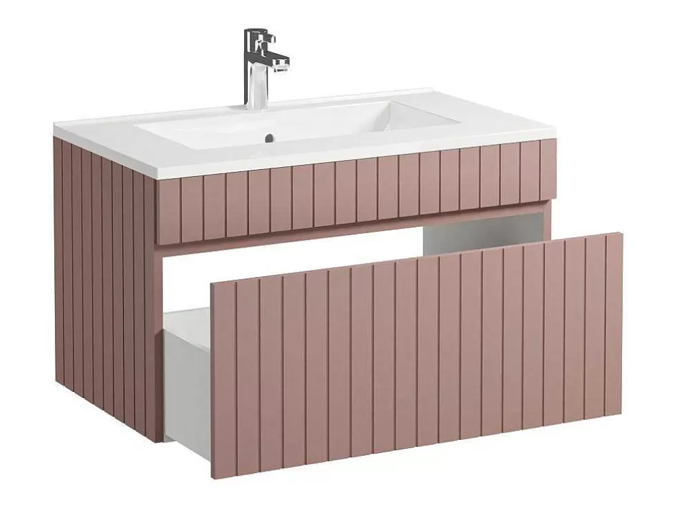 Vente-unique Móvel De Casa De Banho Suspenso Estriado Cor-De-Rosa Com Lavatório De Encastrar 80 Cm - Satara* Móvel Lavatório Individual