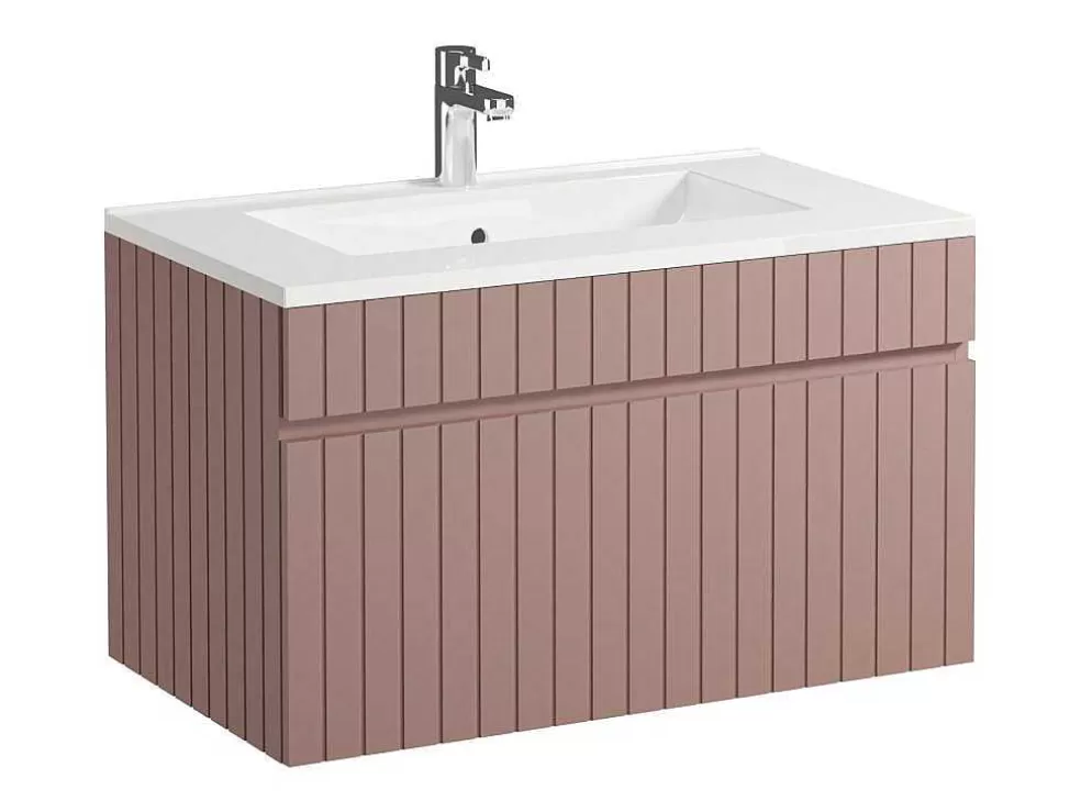 Vente-unique Móvel De Casa De Banho Suspenso Estriado Cor-De-Rosa Com Lavatório De Encastrar 80 Cm - Satara* Móvel Lavatório Individual