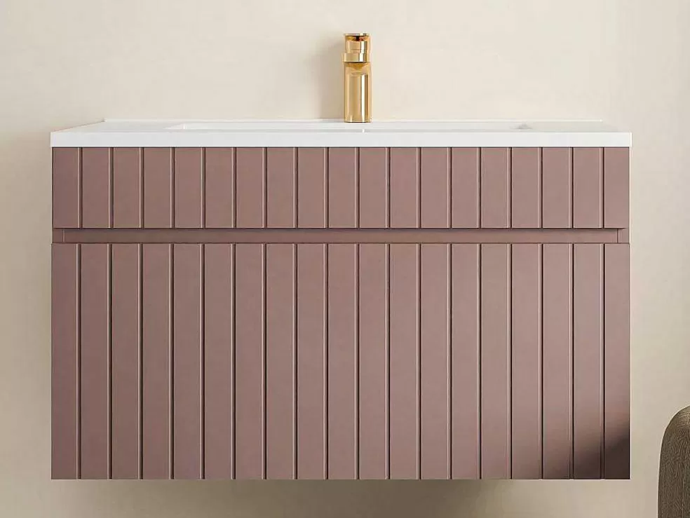 Vente-unique Móvel De Casa De Banho Suspenso Estriado Cor-De-Rosa Com Lavatório De Encastrar 80 Cm - Satara* Móvel Lavatório Individual