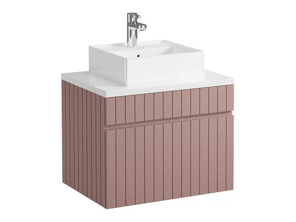 Vente-unique Móvel De Casa De Banho Suspenso Estriado Cor-De-Rosa Com Lavatório De Pousar 60 Cm - Satara* Móvel Lavatório Individual
