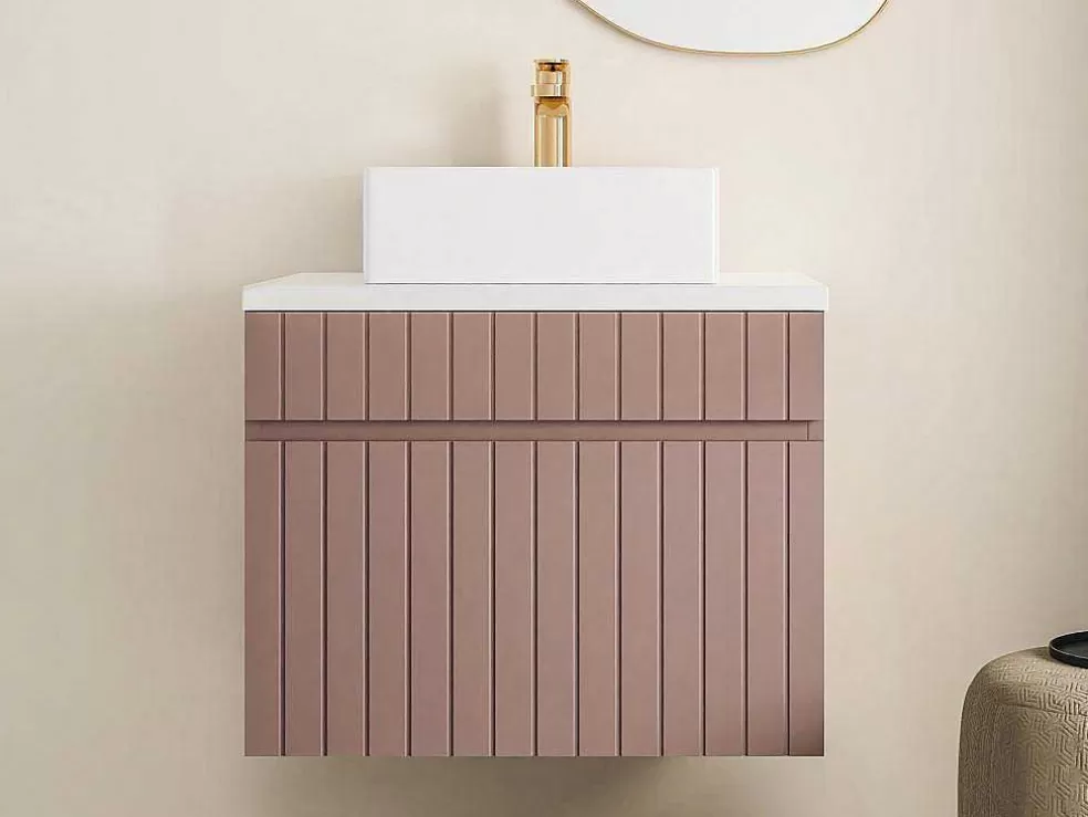 Vente-unique Móvel De Casa De Banho Suspenso Estriado Cor-De-Rosa Com Lavatório De Pousar 60 Cm - Satara* Móvel Lavatório Individual