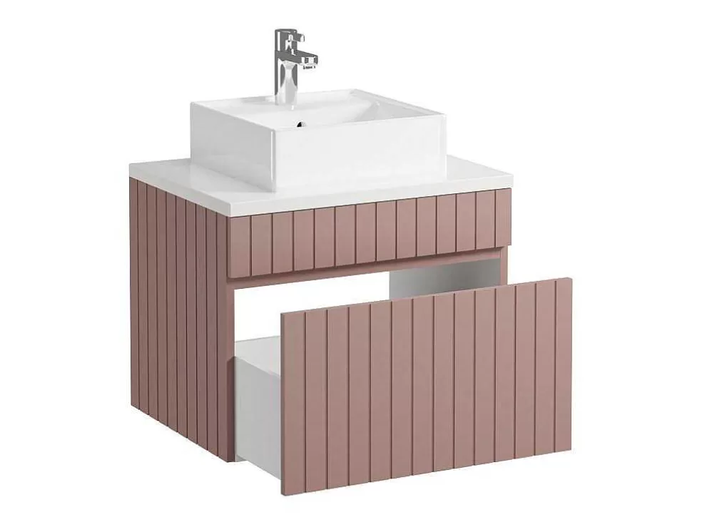 Vente-unique Móvel De Casa De Banho Suspenso Estriado Cor-De-Rosa Com Lavatório De Pousar 60 Cm - Satara* Móvel Lavatório Individual