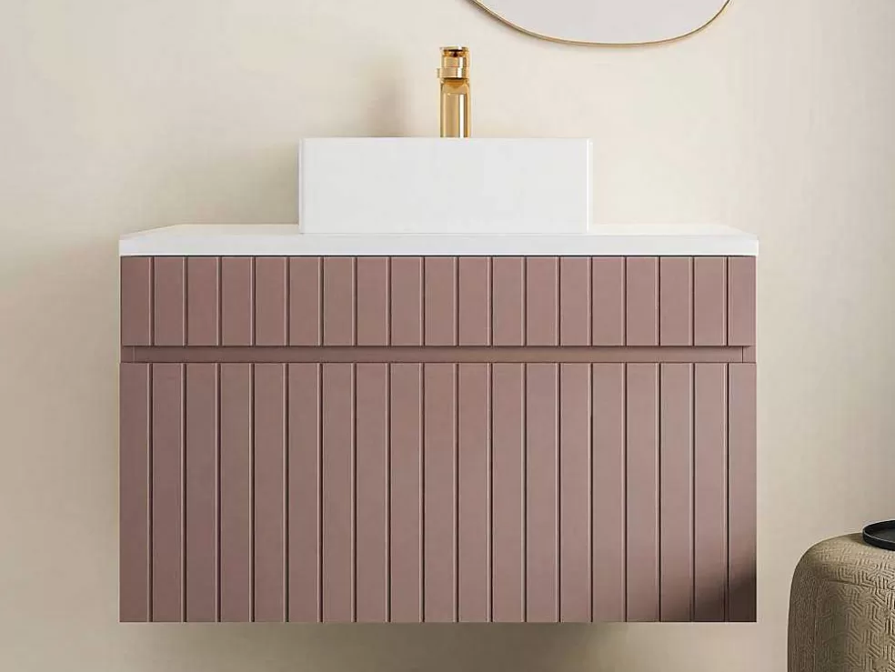 Vente-unique Móvel De Casa De Banho Suspenso Estriado Cor-De-Rosa Com Lavatório De Pousar 80 Cm - Satara* Promoções Casa De Banho & Bem-Estar