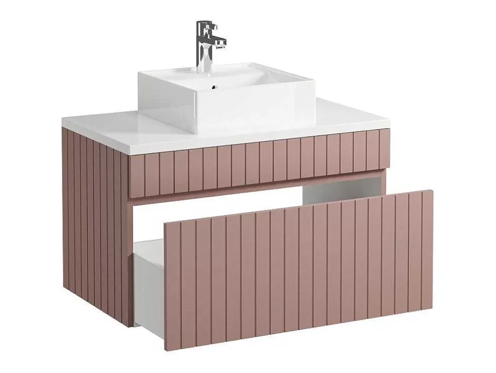 Vente-unique Móvel De Casa De Banho Suspenso Estriado Cor-De-Rosa Com Lavatório De Pousar 80 Cm - Satara* Promoções Casa De Banho & Bem-Estar