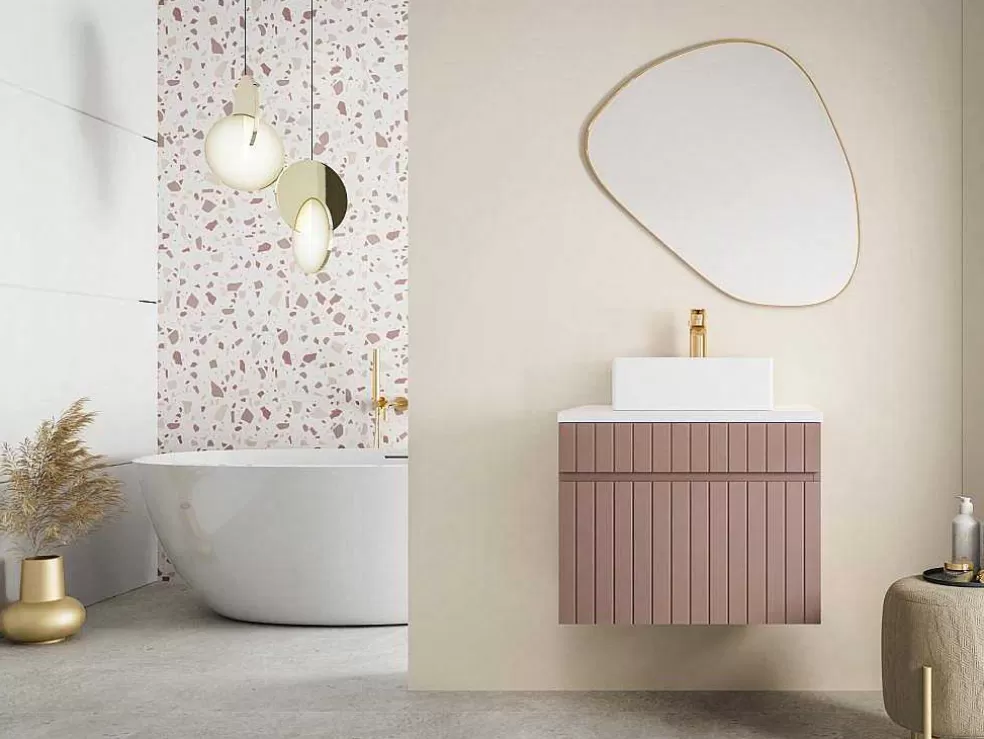 Vente-unique Móvel De Casa De Banho Suspenso Estriado Cor-De-Rosa Com Lavatório De Pousar 60 Cm - Satara* Móvel Lavatório Individual
