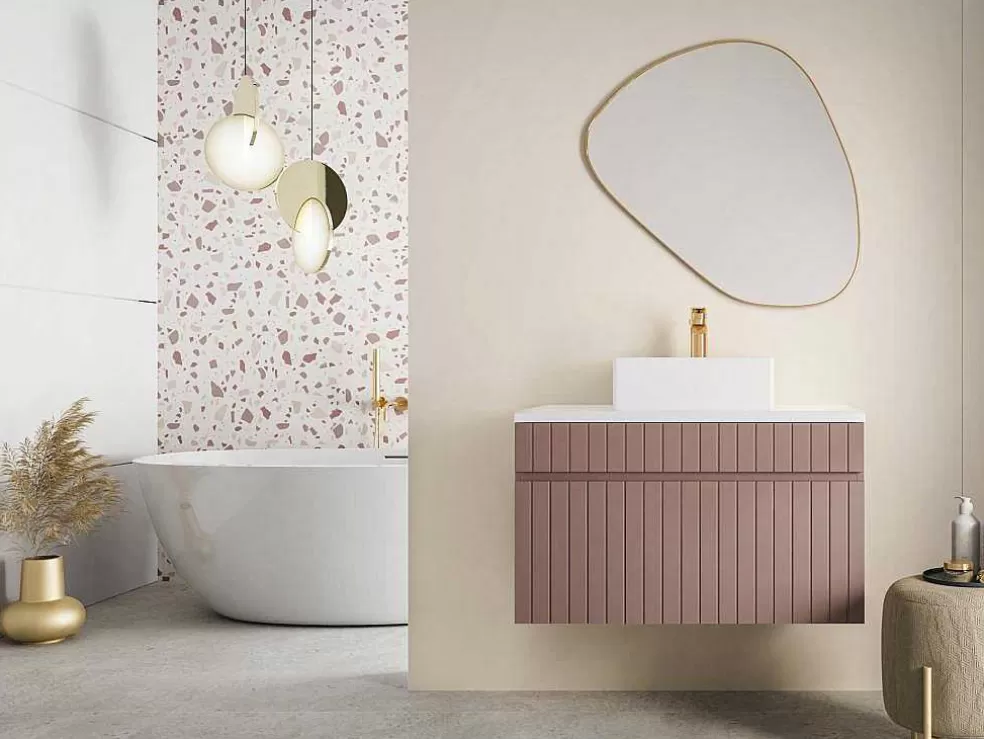 Vente-unique Móvel De Casa De Banho Suspenso Estriado Cor-De-Rosa Com Lavatório De Pousar 80 Cm - Satara* Promoções Casa De Banho & Bem-Estar