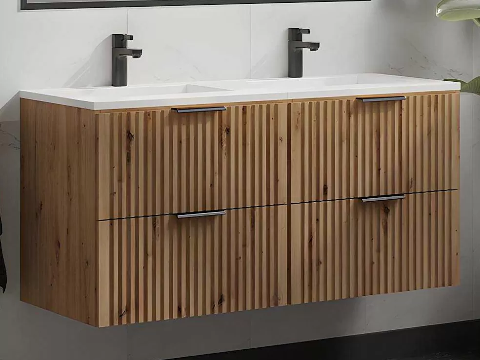 Vente-unique Móvel De Casa De Banho Suspenso Estriado Lavatório De Encastrar Natural Claro 120 Cm - Zevara* Móvel Lavatório Duplo