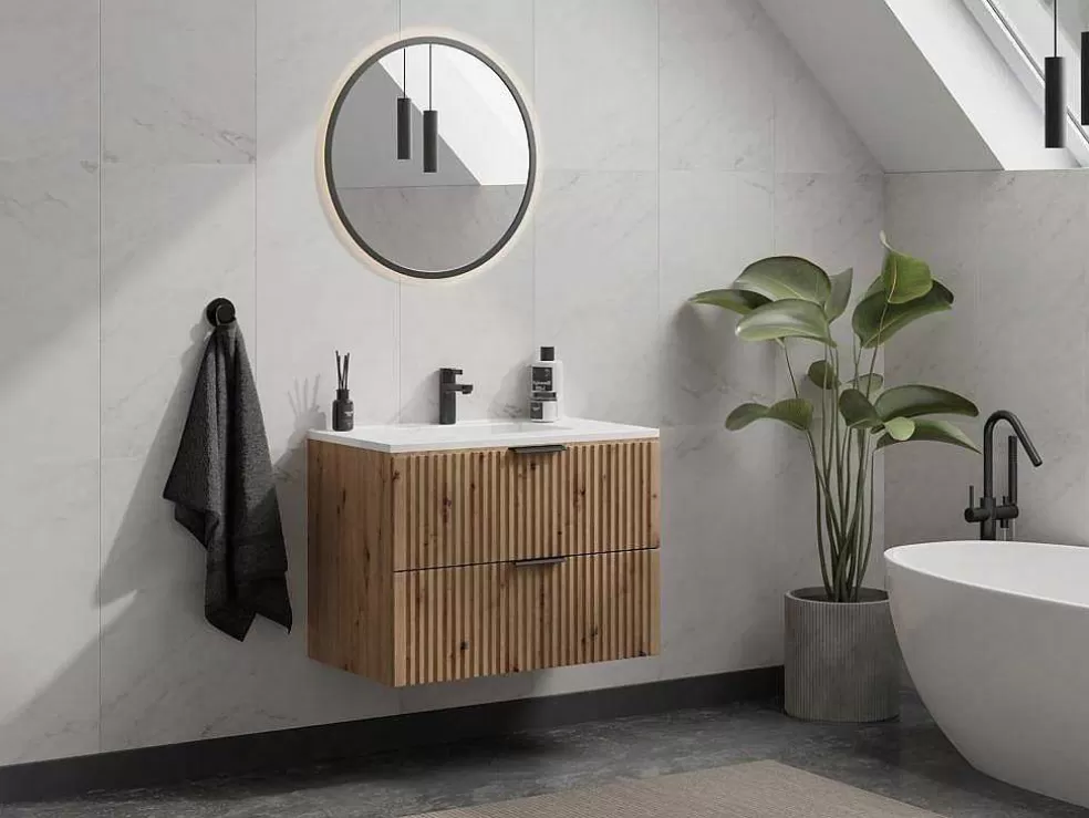 Vente-unique Móvel De Casa De Banho Suspenso Estriado Lavatório De Encastrar Natural Claro 80 Cm - Zevara* Móvel Lavatório Individual