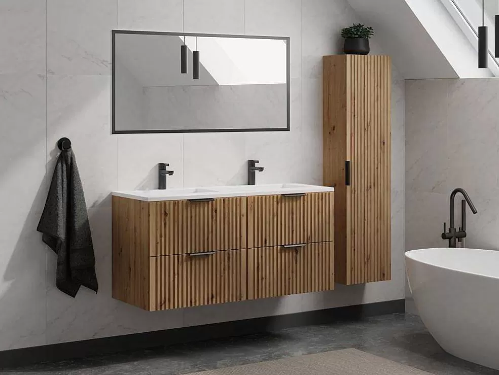 Vente-unique Móvel De Casa De Banho Suspenso Estriado Lavatório De Encastrar Natural Claro 120 Cm - Zevara* Móvel Lavatório Duplo