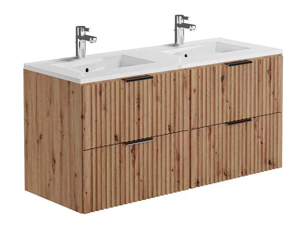 Vente-unique Móvel De Casa De Banho Suspenso Estriado Lavatório De Encastrar Natural Claro 120 Cm - Zevara* Móvel Lavatório Duplo