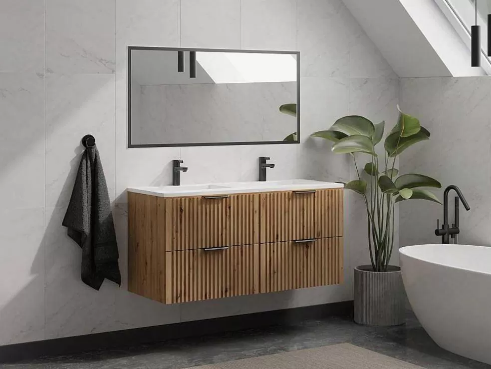 Vente-unique Móvel De Casa De Banho Suspenso Estriado Lavatório De Encastrar Natural Claro 120 Cm - Zevara* Móvel Lavatório Duplo