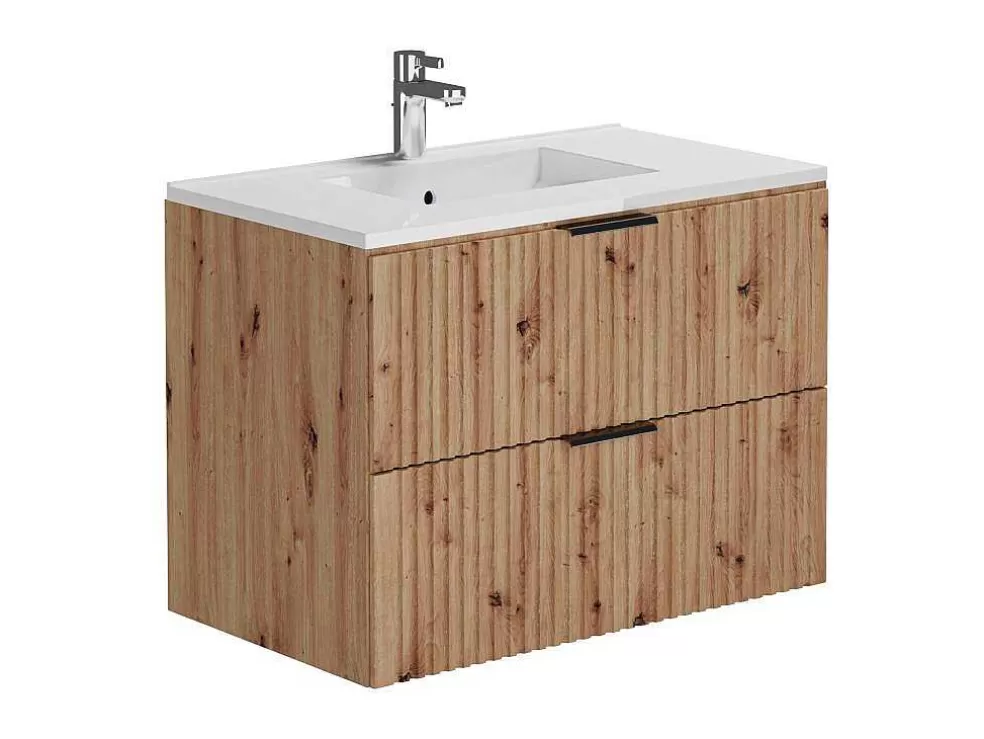 Vente-unique Móvel De Casa De Banho Suspenso Estriado Lavatório De Encastrar Natural Claro 80 Cm - Zevara* Móvel Lavatório Individual