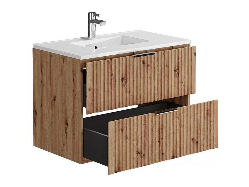 Vente-unique Móvel De Casa De Banho Suspenso Estriado Lavatório De Encastrar Natural Claro 80 Cm - Zevara* Móvel Lavatório Individual