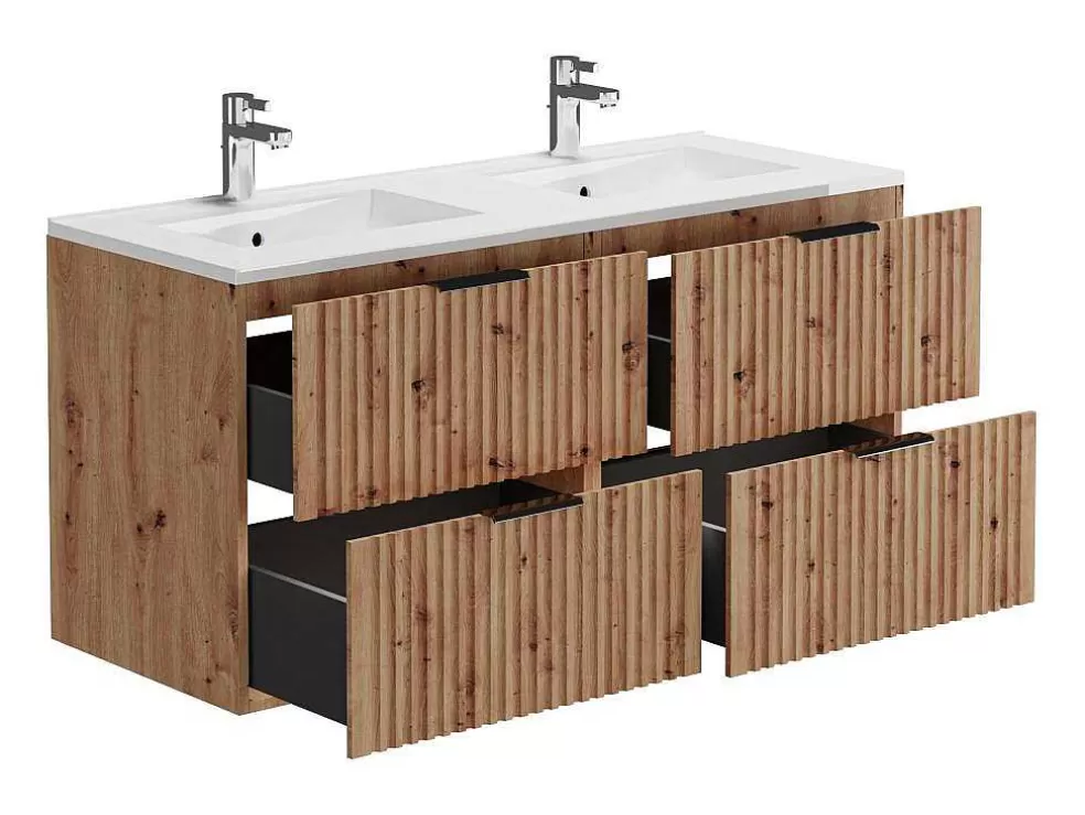 Vente-unique Móvel De Casa De Banho Suspenso Estriado Lavatório De Encastrar Natural Claro 120 Cm - Zevara* Móvel Lavatório Duplo