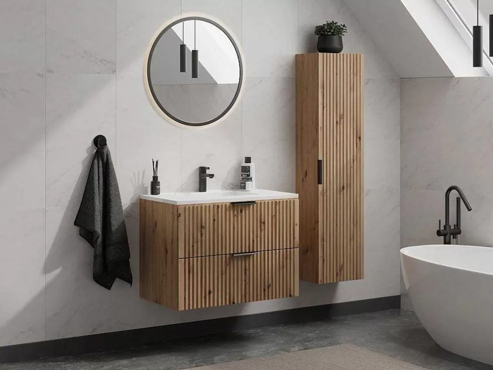 Vente-unique Móvel De Casa De Banho Suspenso Estriado Lavatório De Encastrar Natural Claro 80 Cm - Zevara* Móvel Lavatório Individual