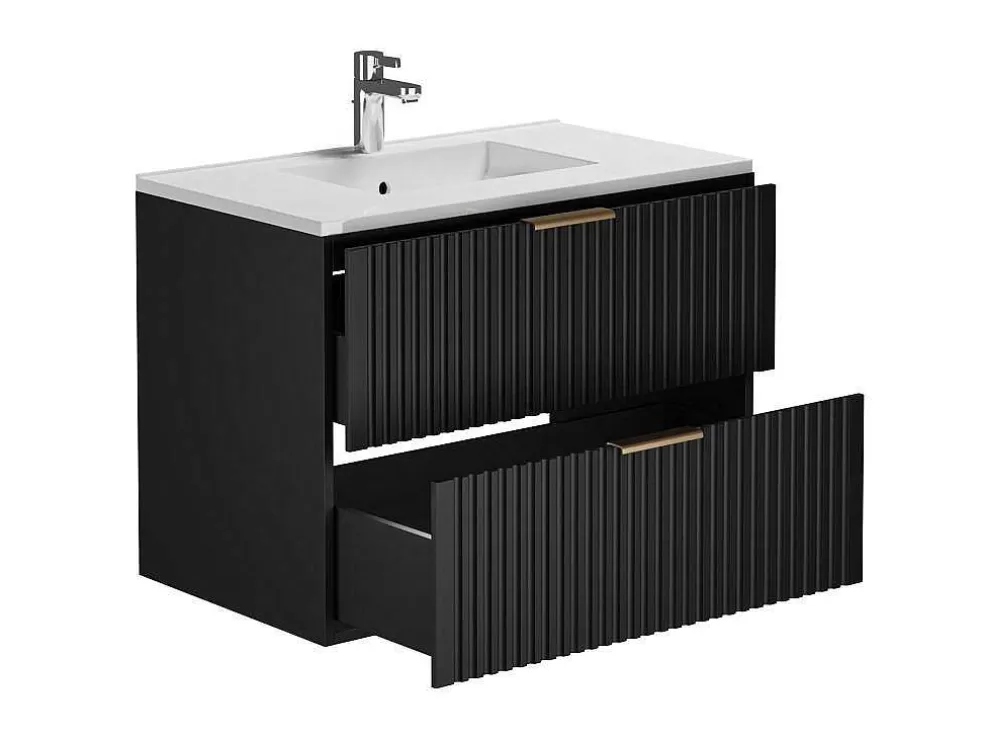 Vente-unique Móvel De Casa De Banho Suspenso Estriado Lavatório De Encastrar Preto 80 Cm - Zevara* Móvel Lavatório Individual