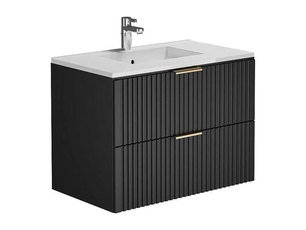 Vente-unique Móvel De Casa De Banho Suspenso Estriado Lavatório De Encastrar Preto 80 Cm - Zevara* Móvel Lavatório Individual