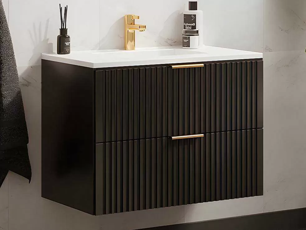 Vente-unique Móvel De Casa De Banho Suspenso Estriado Lavatório De Encastrar Preto 80 Cm - Zevara* Móvel Lavatório Individual