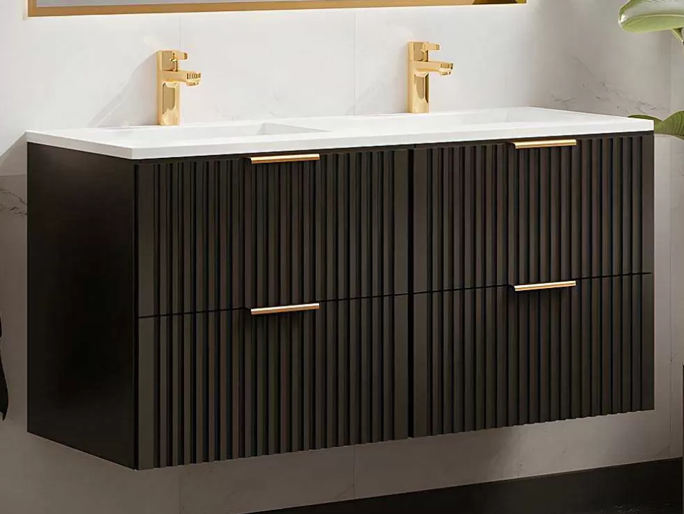 Vente-unique Móvel De Casa De Banho Suspenso Estriado Lavatório De Encastrar Preto 120 Cm - Zevara* Móvel Lavatório Duplo