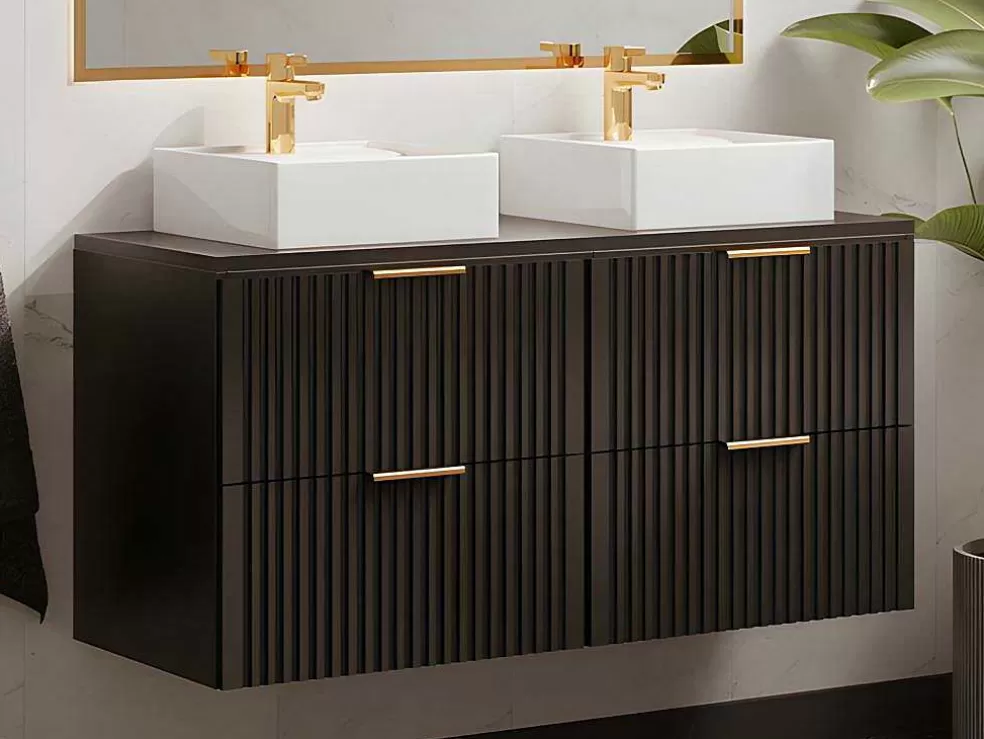 Vente-unique Móvel De Casa De Banho Suspenso Estriado Lavatório De Pousar Preto 120 Cm - Zevara* Móvel Lavatório Duplo