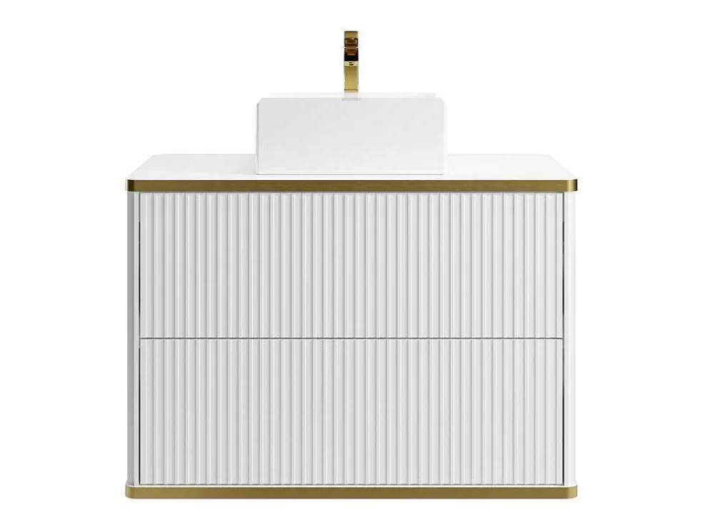 Vente-unique Móvel De Casa De Banho Suspenso Estriado Rebordo Dourado Com Lavatório De Pousar Branco 80 Cm - Keliza* Móvel Lavatório Individual