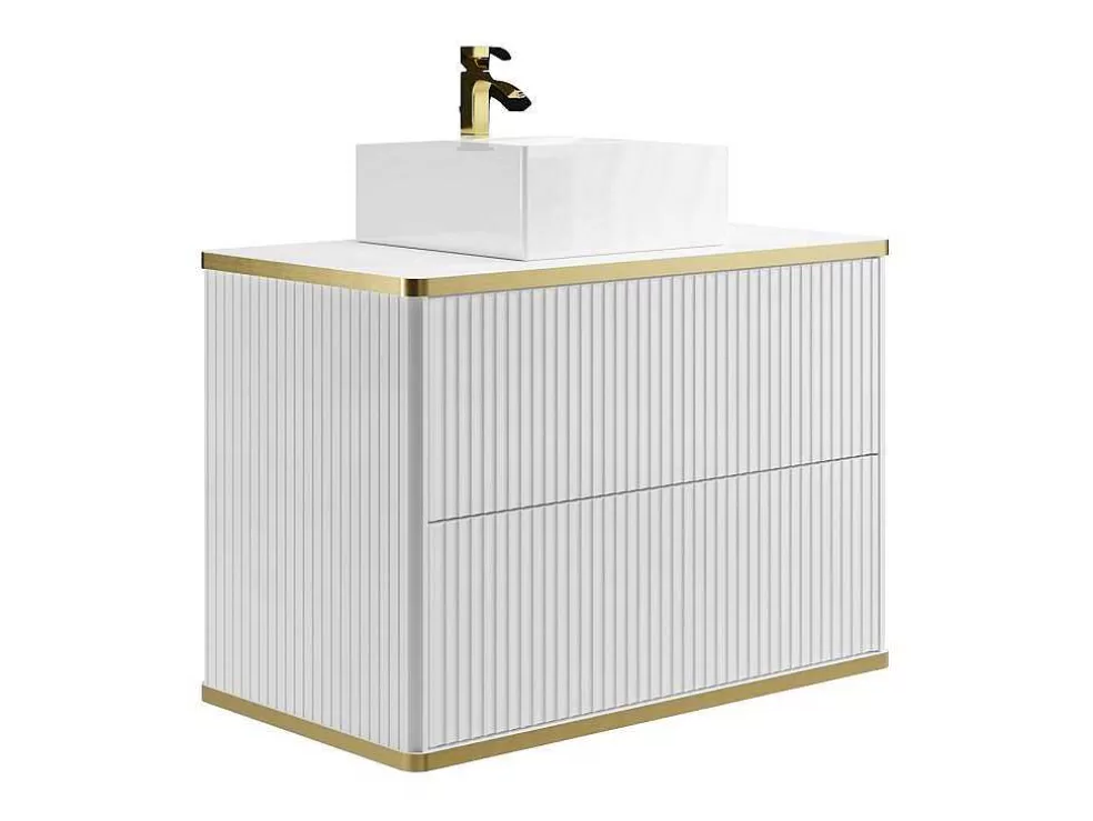 Vente-unique Móvel De Casa De Banho Suspenso Estriado Rebordo Dourado Com Lavatório De Pousar Branco 80 Cm - Keliza* Móvel Lavatório Individual