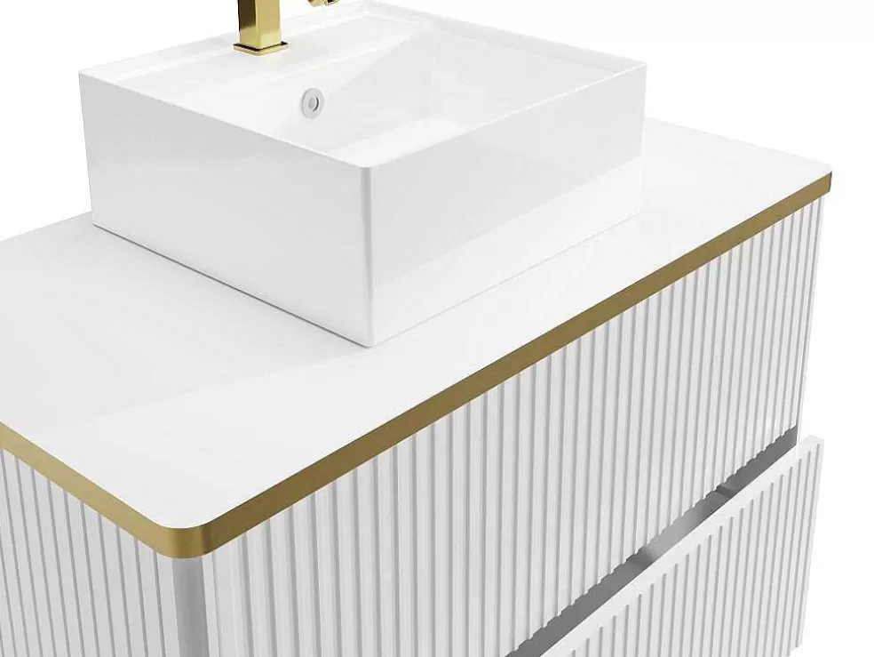 Vente-unique Móvel De Casa De Banho Suspenso Estriado Rebordo Dourado Com Lavatório De Pousar Branco 80 Cm - Keliza* Móvel Lavatório Individual