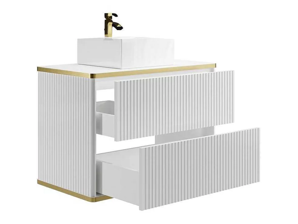Vente-unique Móvel De Casa De Banho Suspenso Estriado Rebordo Dourado Com Lavatório De Pousar Branco 80 Cm - Keliza* Móvel Lavatório Individual
