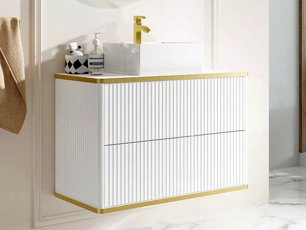 Vente-unique Móvel De Casa De Banho Suspenso Estriado Rebordo Dourado Com Lavatório De Pousar Branco 80 Cm - Keliza* Móvel Lavatório Individual