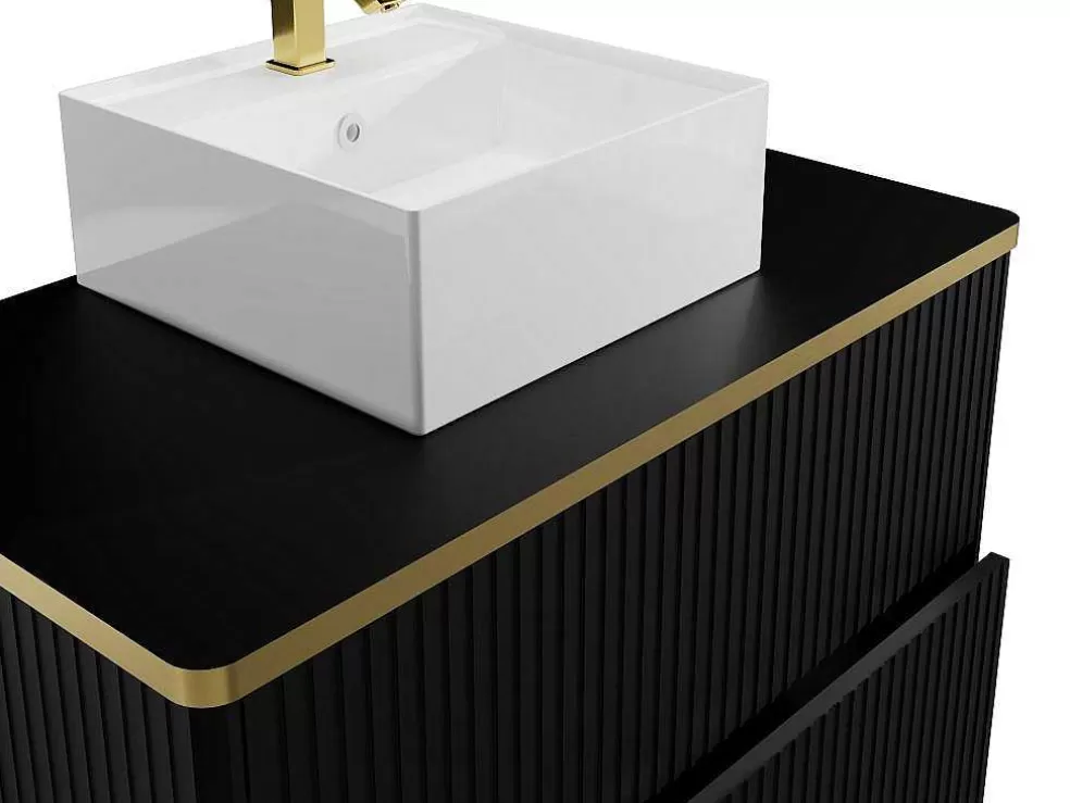 Vente-unique Móvel De Casa De Banho Suspenso Estriado Rebordo Dourado Com Lavatório De Pousar Preto 80 Cm - Keliza* Promoções Casa De Banho & Bem-Estar
