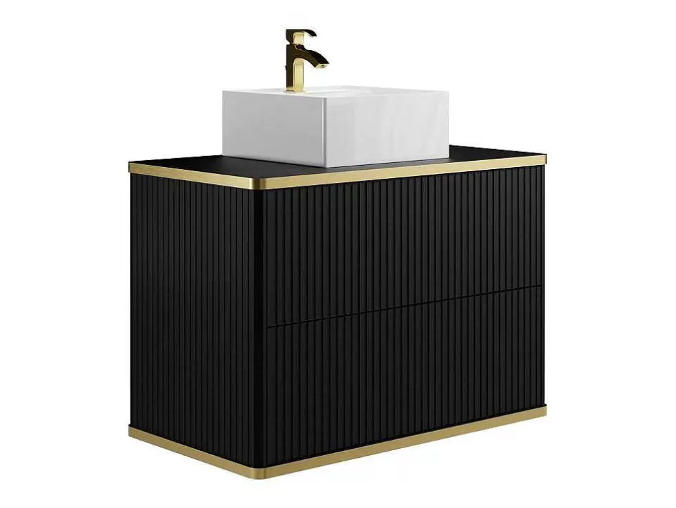 Vente-unique Móvel De Casa De Banho Suspenso Estriado Rebordo Dourado Com Lavatório De Pousar Preto 80 Cm - Keliza* Promoções Casa De Banho & Bem-Estar