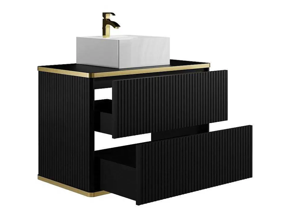 Vente-unique Móvel De Casa De Banho Suspenso Estriado Rebordo Dourado Com Lavatório De Pousar Preto 80 Cm - Keliza* Promoções Casa De Banho & Bem-Estar