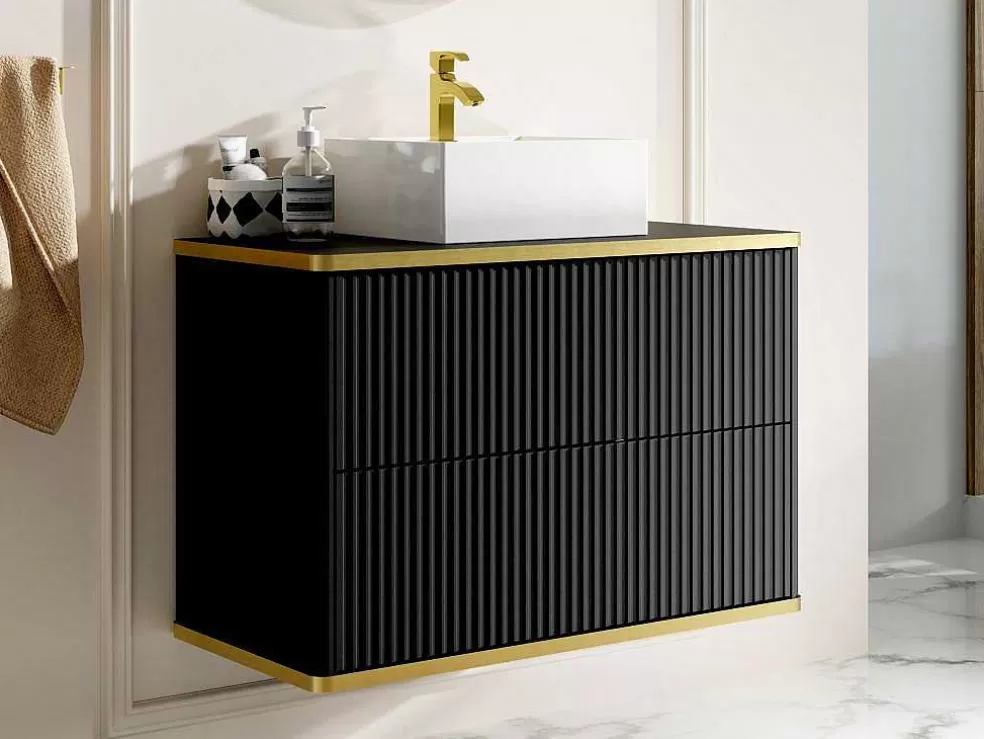 Vente-unique Móvel De Casa De Banho Suspenso Estriado Rebordo Dourado Com Lavatório De Pousar Preto 80 Cm - Keliza* Promoções Casa De Banho & Bem-Estar