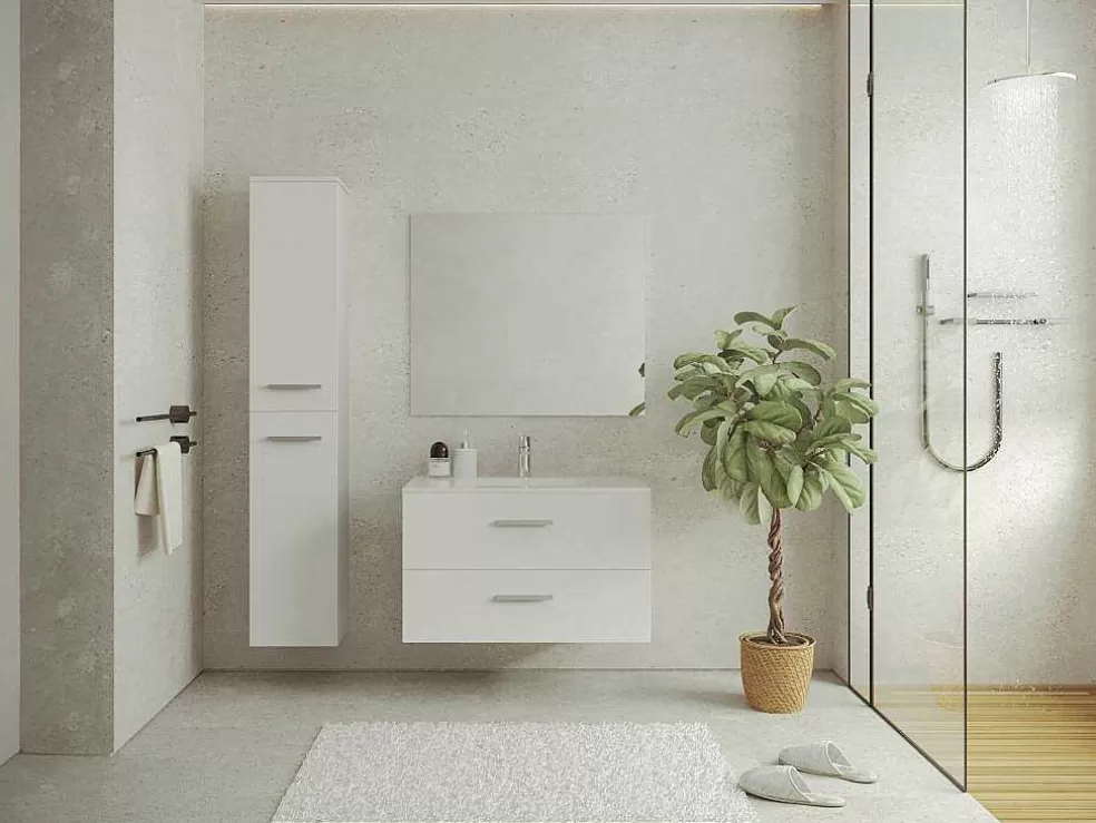 Vente-unique Móvel De Casa De Banho Suspenso Lavatório Individual Com Coluna De Arrumação Branco 80 Cm - Kayla* Móvel Lavatório Individual