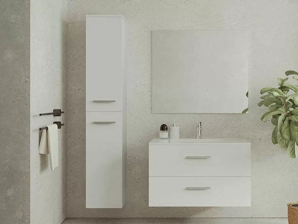 Vente-unique Móvel De Casa De Banho Suspenso Lavatório Individual Com Coluna De Arrumação Branco 80 Cm - Kayla* Móvel Lavatório Individual