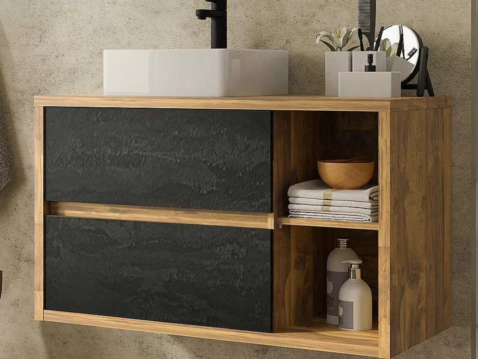 Vente-unique Móvel De Casa De Banho Suspenso Lavatório Simples Cor Natural E Antracite De 100 Cm - Tikitiki* Móvel Lavatório Individual