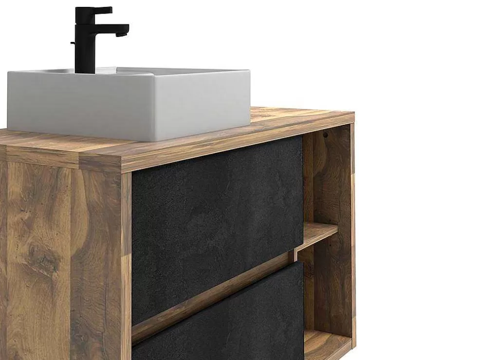 Vente-unique Móvel De Casa De Banho Suspenso Lavatório Simples Cor Natural E Antracite De 100 Cm - Tikitiki* Móvel Lavatório Individual
