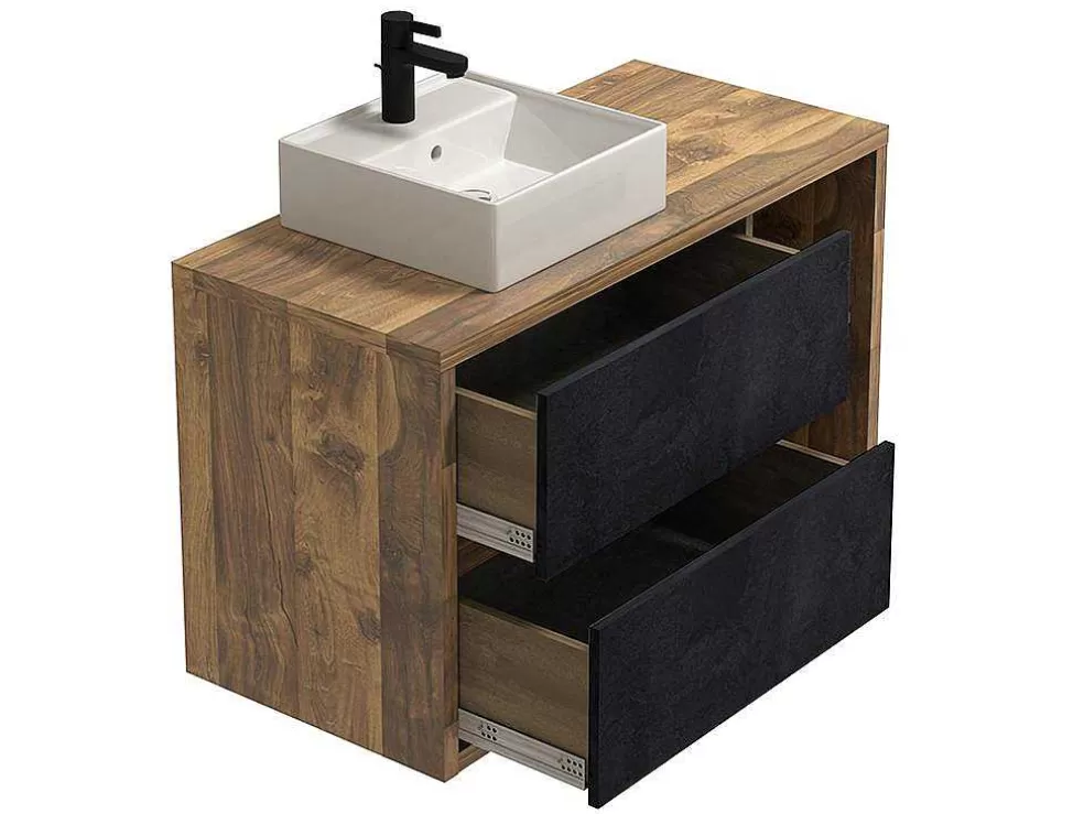 Vente-unique Móvel De Casa De Banho Suspenso Lavatório Simples Cor Natural E Antracite De 100 Cm - Tikitiki* Móvel Lavatório Individual